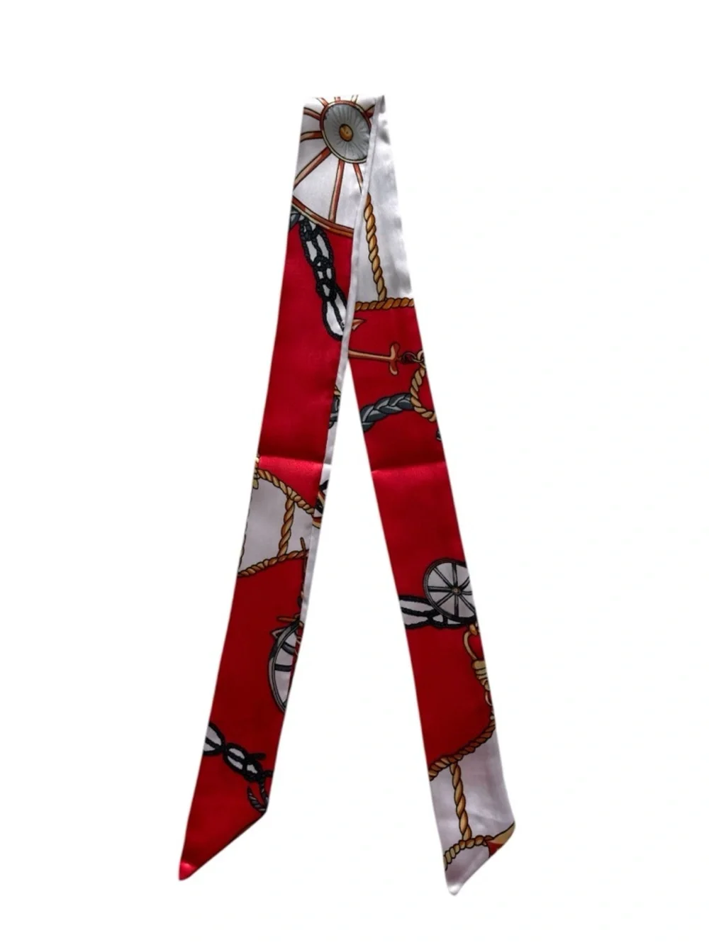 Red and White Bag Scarf with Chain & Wheel Motif